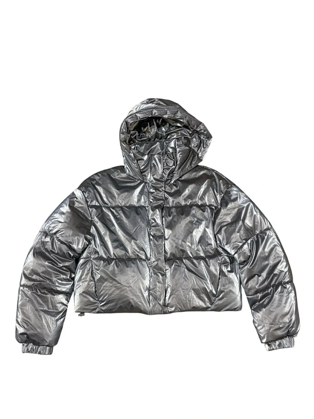 Zara Silver Metallic Hooded Puffer Coat
